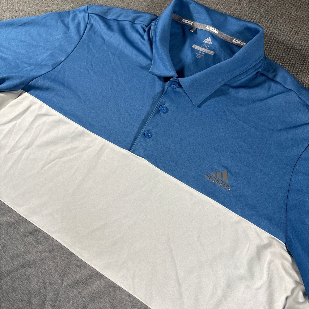 Adidas Golf Polo Shirt Mens 2XL Blue White Colorblock Performance Short Sleeve